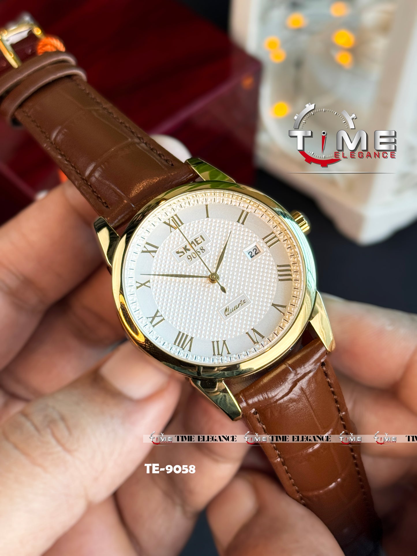 SKMEI 9058 Men’s Luxury Quartz Watch Brown Gold White– Leather Strap Business Custom Logo Wristwatch