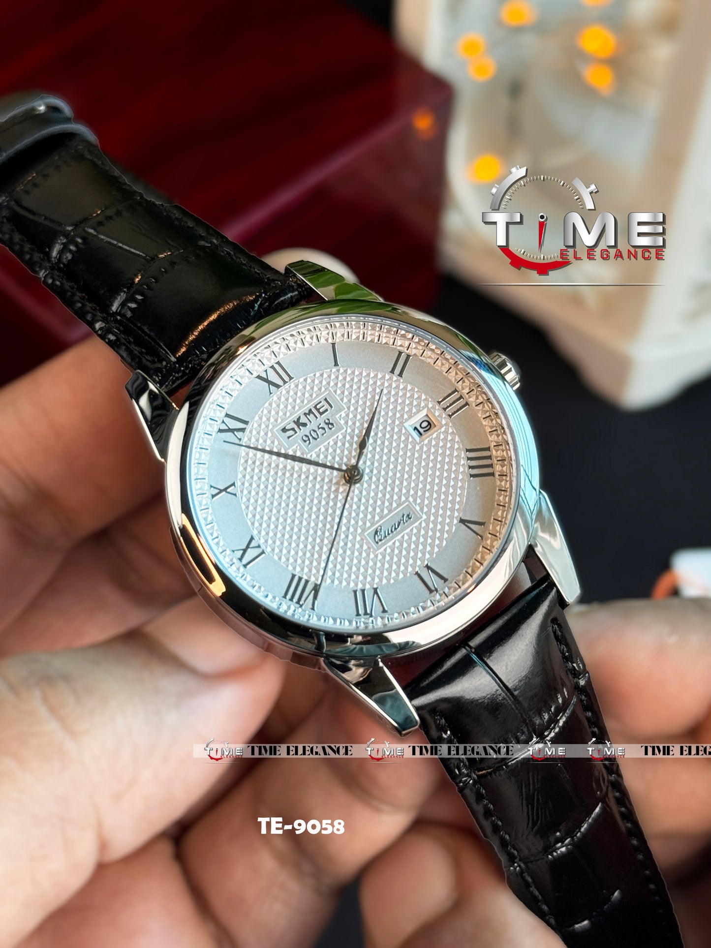 SKMEI 9058 Men’s Luxury Quartz Watch Black White– Leather Strap Business Custom Logo Wristwatch