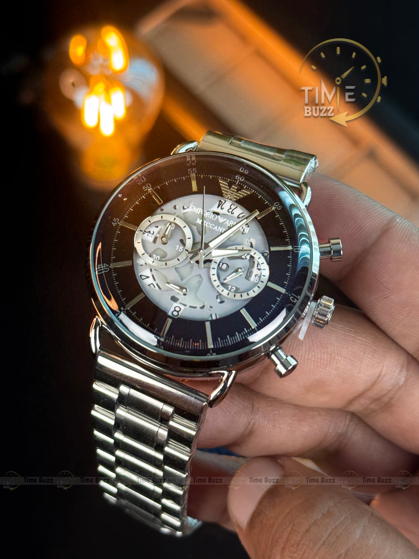 Emporio Armani Meccanico Chronograph Men’s Watch – Black Skeleton Dial & Stainless Steel Chain Strap