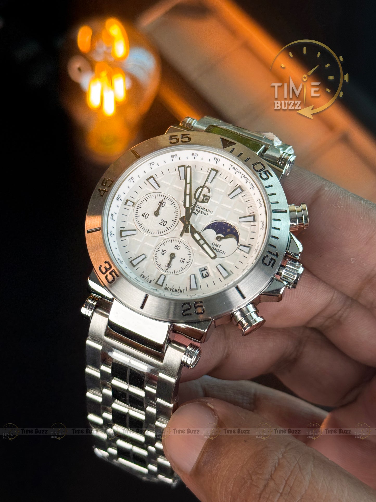 GC Chronograph Moonphase Men’s Watch – White Dial & Stainless Steel Chain Strap