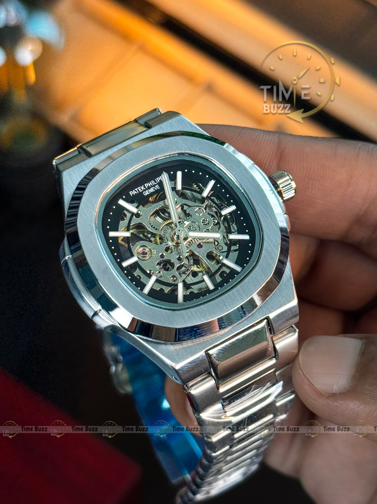 Patek Philippe Skeleton Automatic Style Men’s Watch – Black Skeleton Dial & Silver Chain Strap