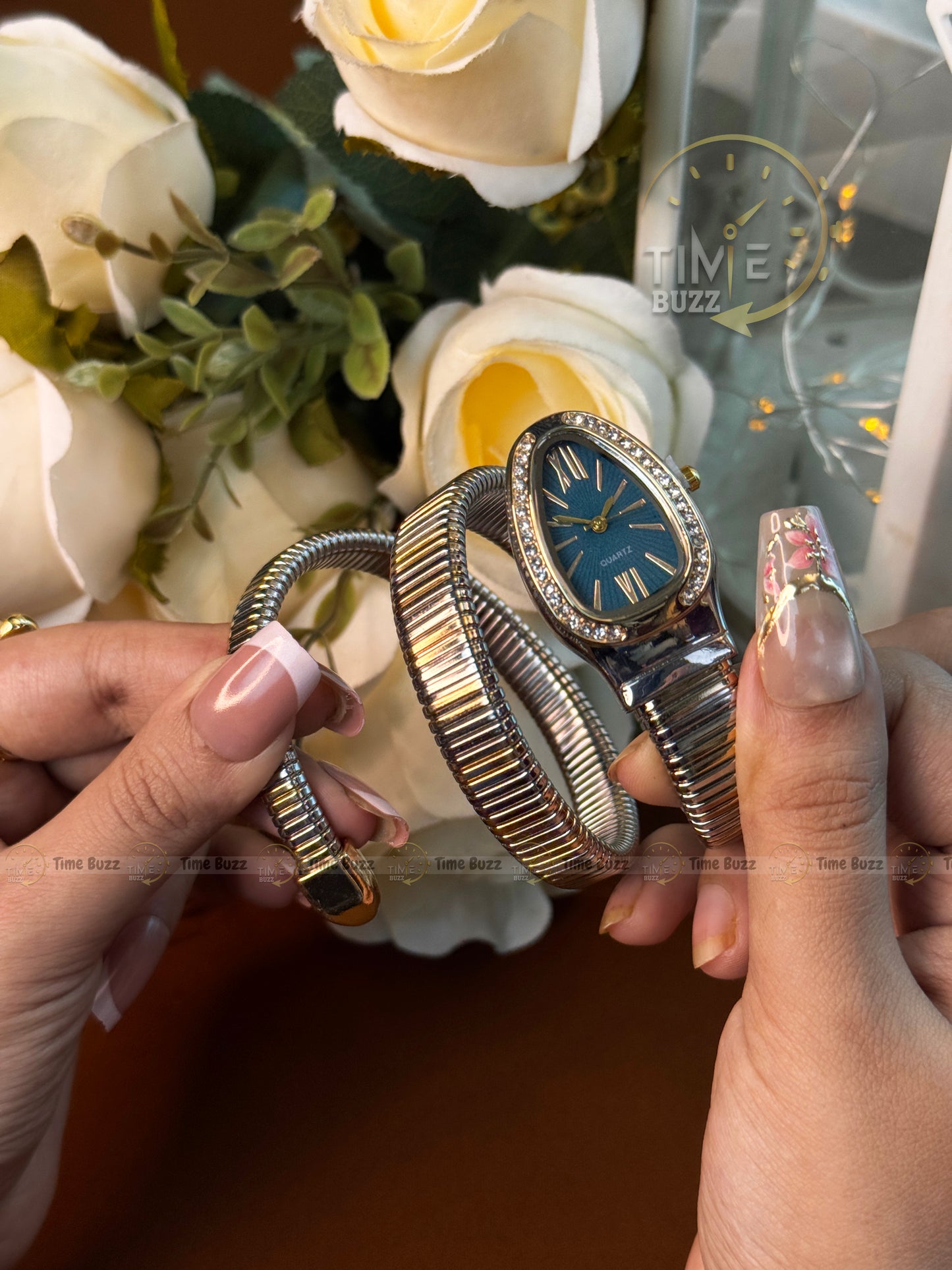 Luxury Silver Snake Bracelet Women's Quartz Watch with Sapphire Blue Dial | Crystal Bezel Fashion Bangle Watch