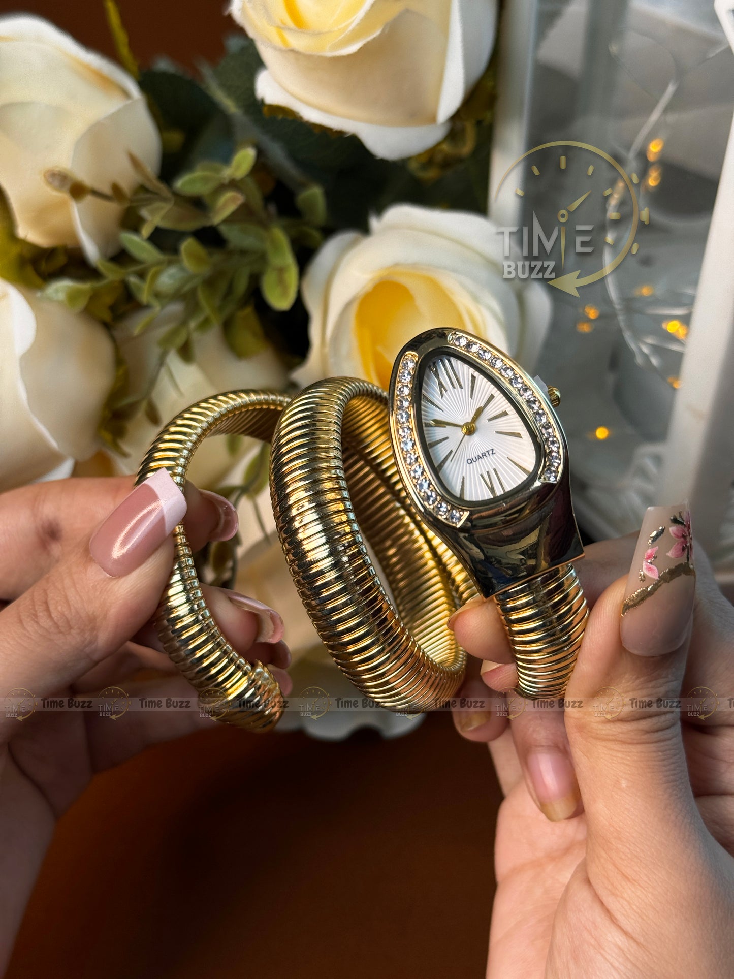 Luxury Gold Snake L Bracelet Women's Quartz Watch with White Dial | Crystal Bezel Fashion Bangle Watch