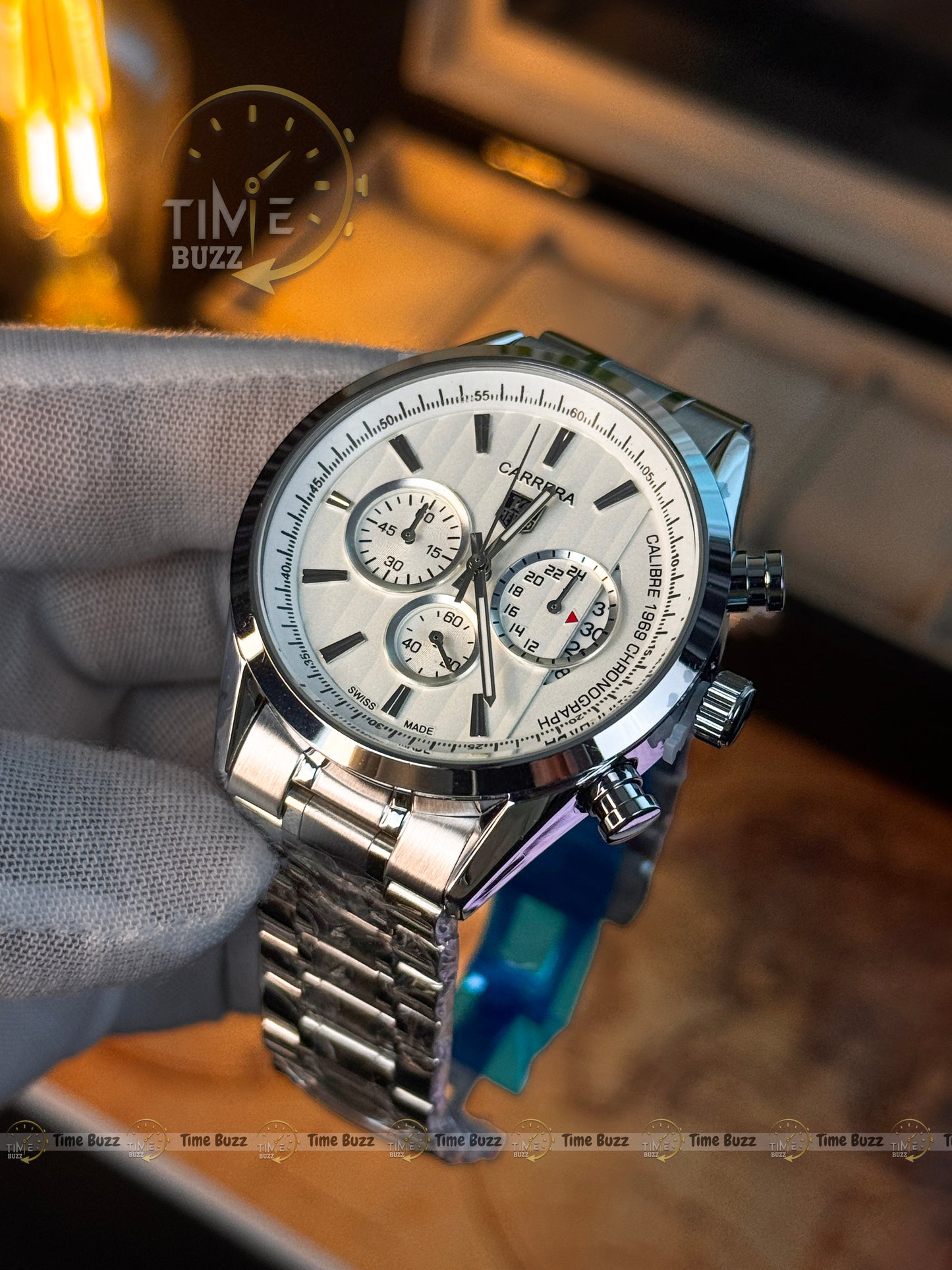 TAG Heuer Carrera Calibre 1887 Chronograph Men’s Watch – White Dial & Stainless Steel Chain Strap