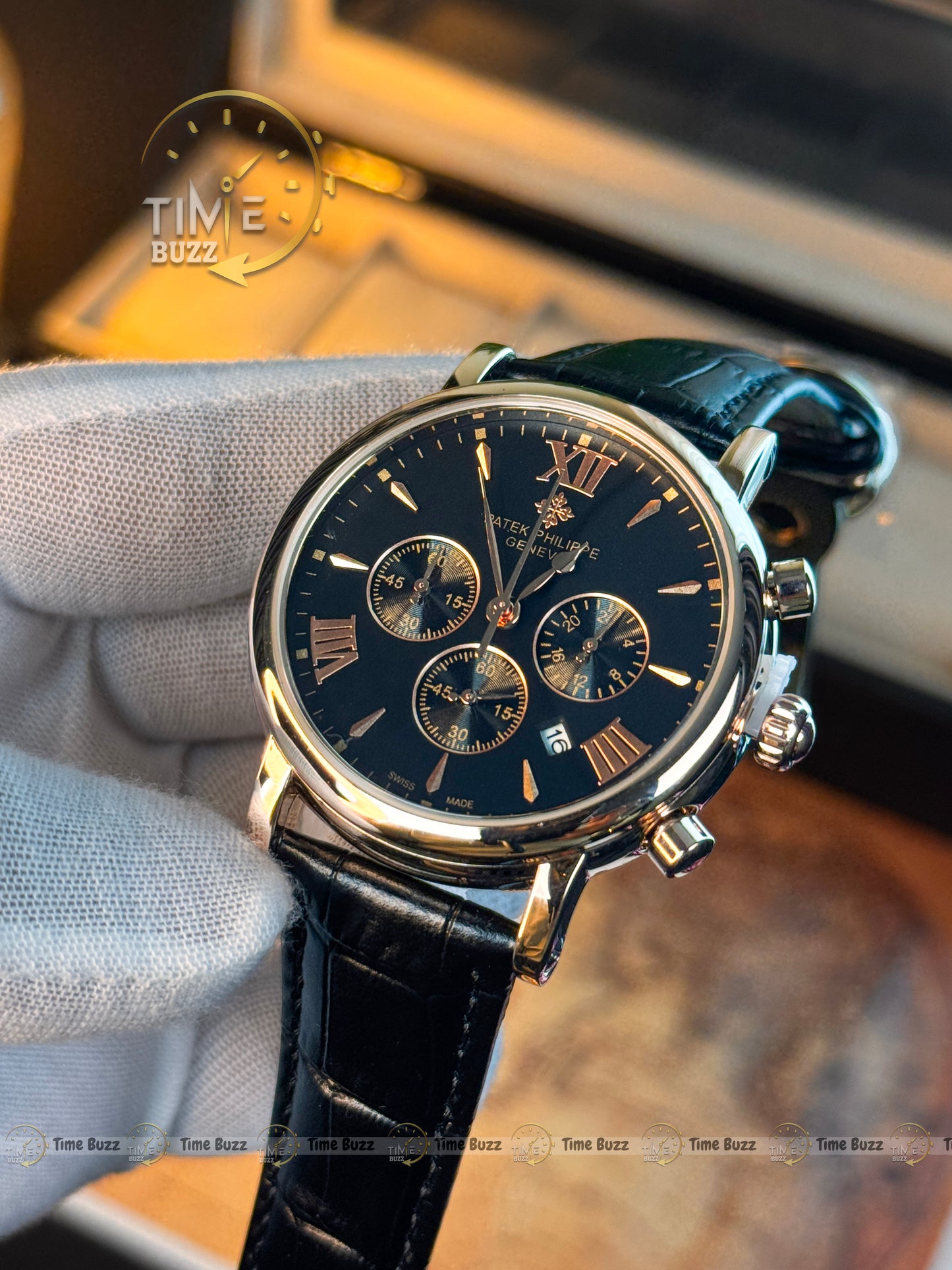 Patek Philippe Midnight Black RoseGold Chronograph Men’s Watch with Black Leather Strap