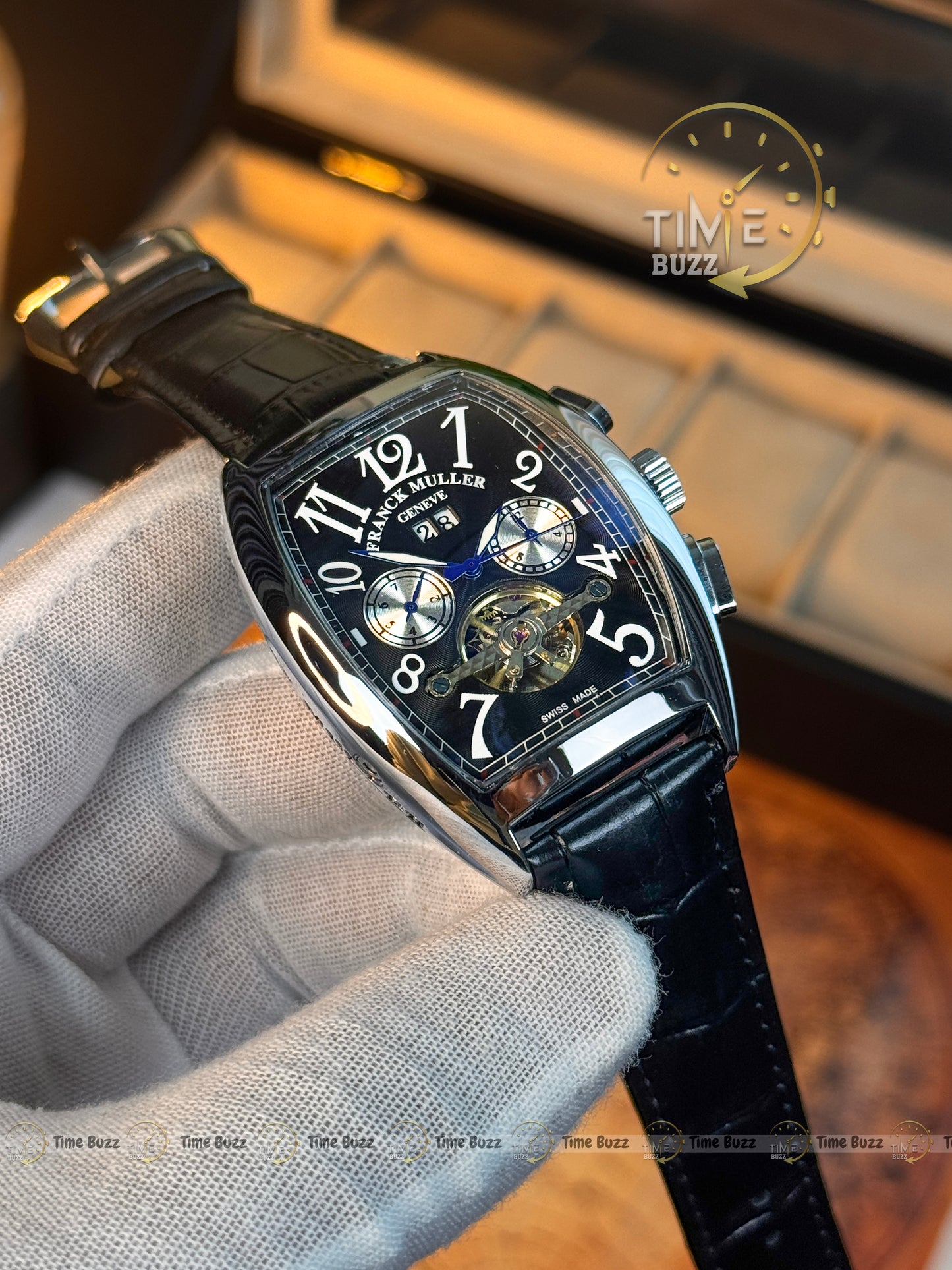 FRANCK MULLER Luxury Skeleton Tourbillon Tonneau Men's Automatic Watch – Black Dial & Black Leather Strap