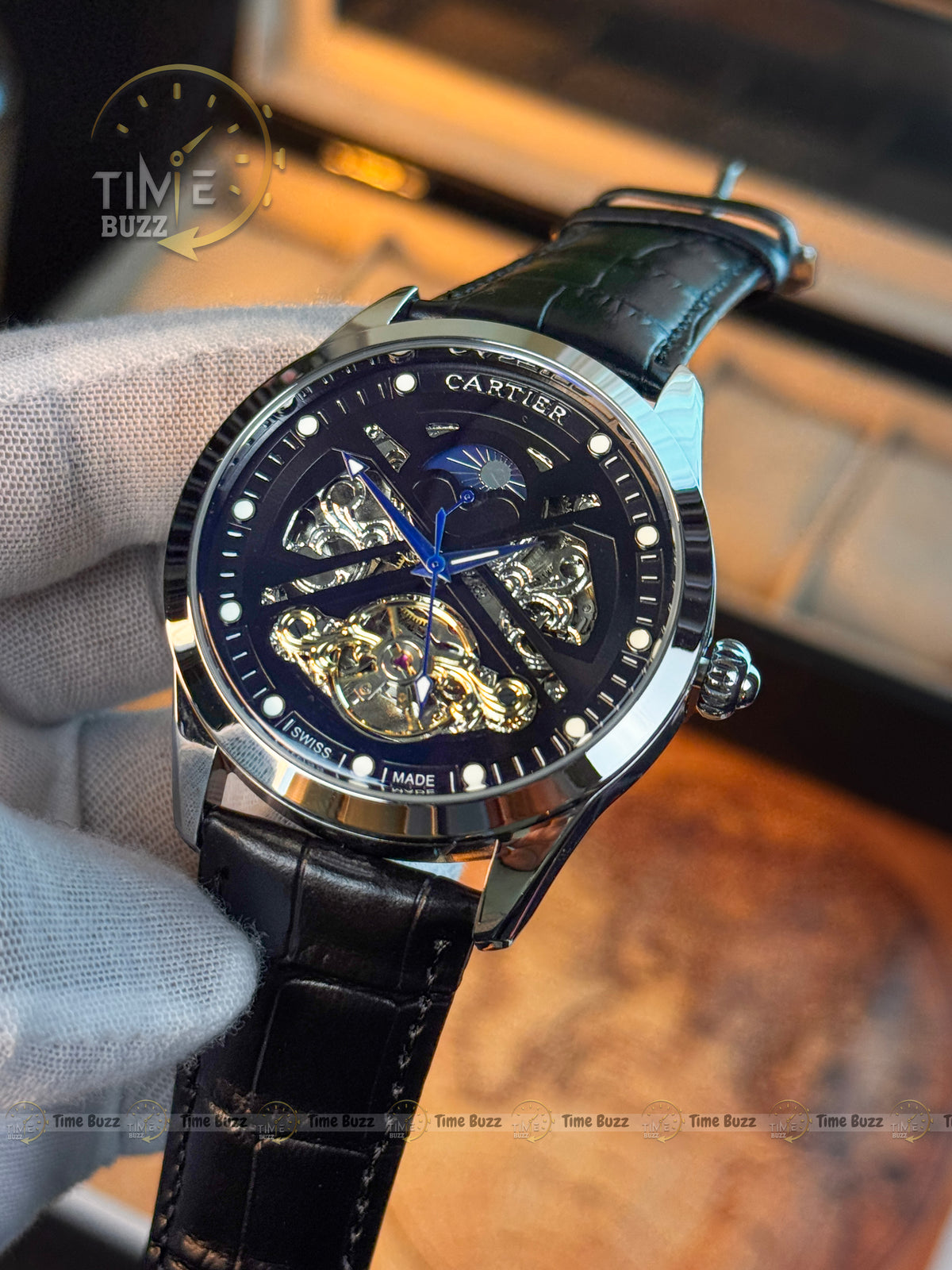 CARTIER Silver Skeleton Automatic Men’s Watch with Black Dial and Leather Strap