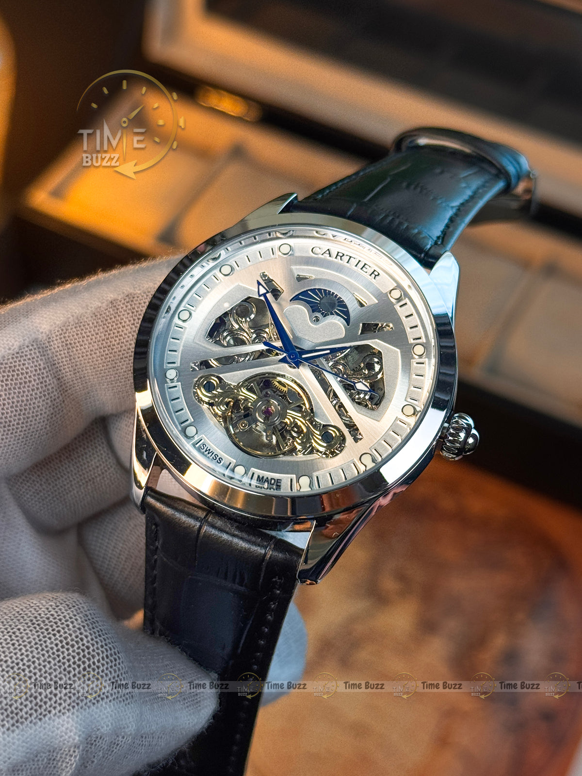 CARTIER Silver Skeleton Automatic Men’s Watch with Moonphase-Style Display and Black Leather Strap