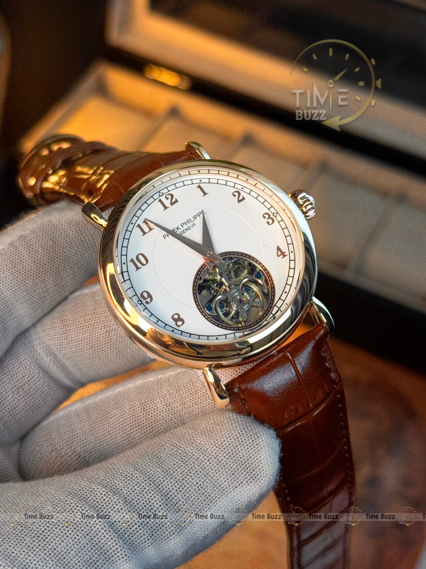 Patek Philippe Rose Gold Open-Heart Automatic Men’s Watch with White Dial and Brown Leather Strap