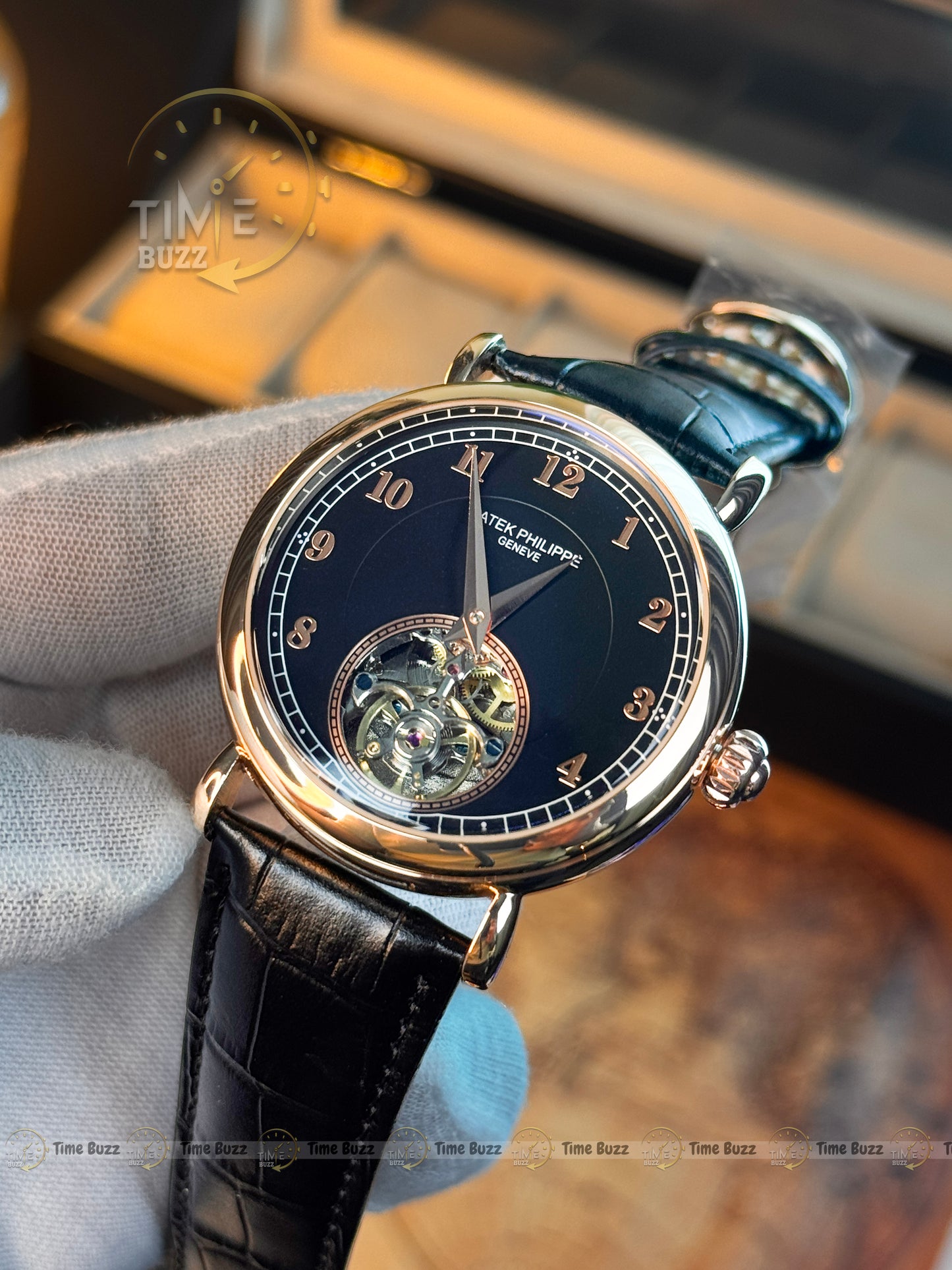 Patek Philippe Classic Rose Gold Open-Heart Automatic Men’s Watch – Black Leather Strap