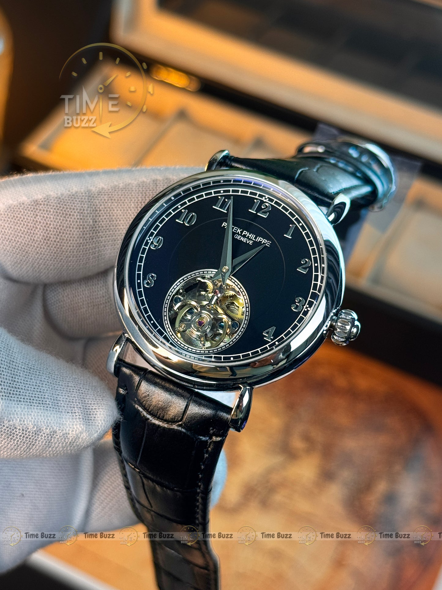 Patek Philippe Silver Open-Heart Automatic Men’s Watch with Black Leather Strap