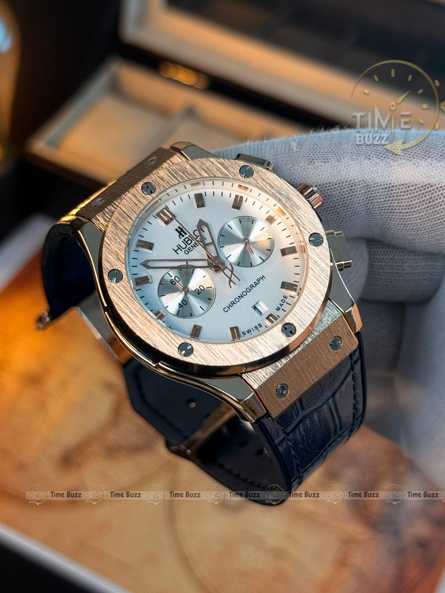 HUBLOT Silver Chronograph Men’s Watch with White Dial and Black Leather Strap