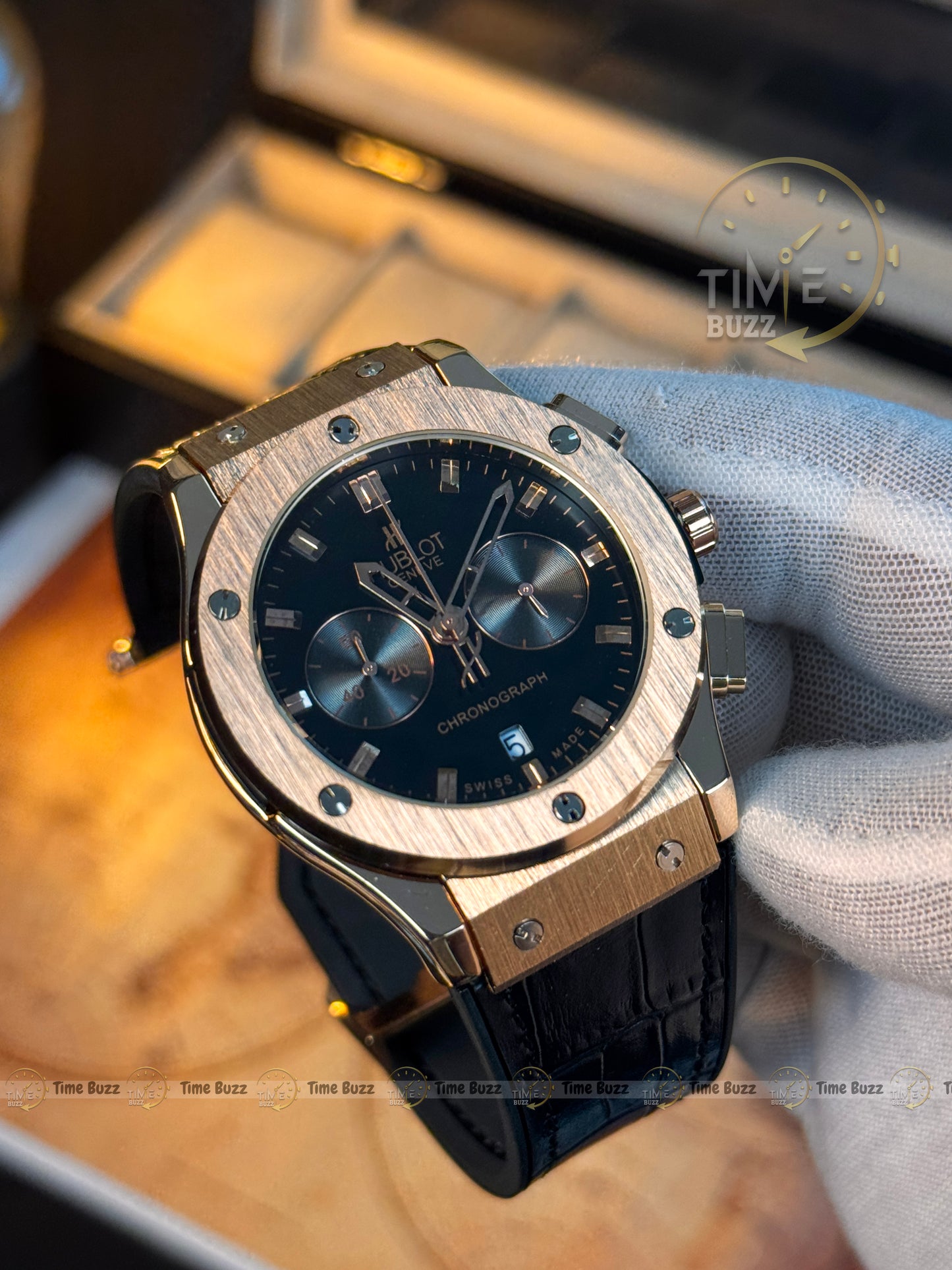 HUBLOT Rose Gold Chronograph Men’s Watch with Black Dial and Black Leather Strap