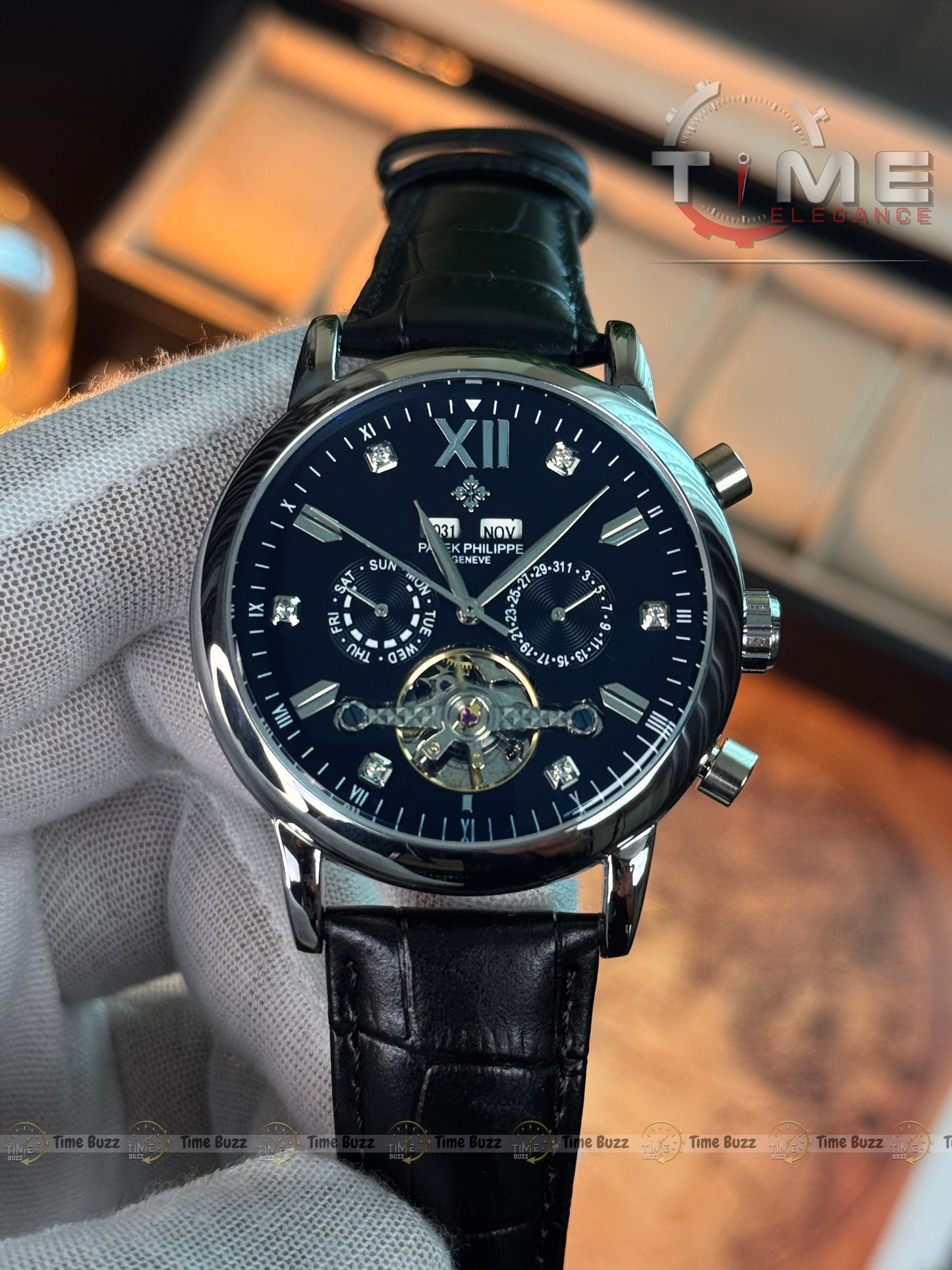 Patek Philippe Automatic Open Heart Watch – Black Dial & Black Leather Strap