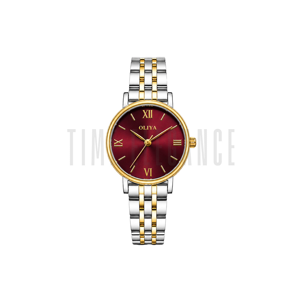 OLIYA 5209 Women’s Maroon Round Dial Watch – Gold Silver Bracelet