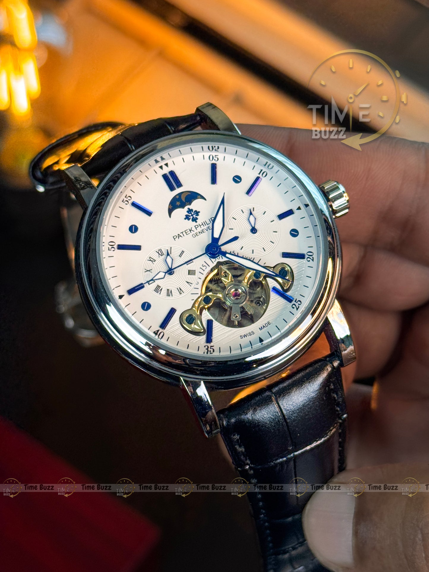 Patek Philippe Tourbillon Moonphase Men’s Watch – White Dial & Black Leather Strap
