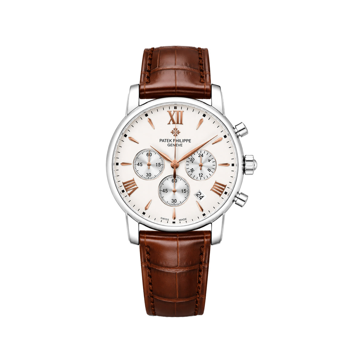 Patek Philippe Silver Chronograph Men’s Watch with White Dial and Brown Leather Strap