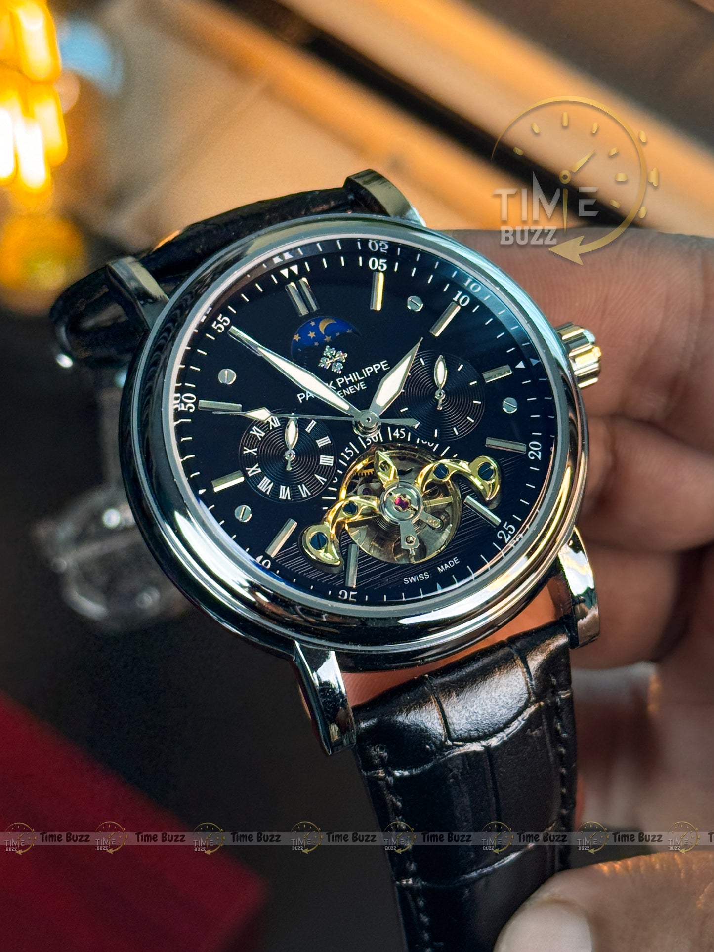 Patek Philippe Tourbillon Moonphase Men’s Watch – Black Dial & Black Leather Strap