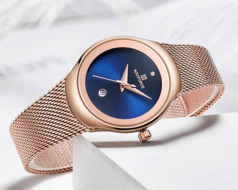 NAVIFORCE 5004 Women’s Rose Gold Blue Dial Mesh Watch