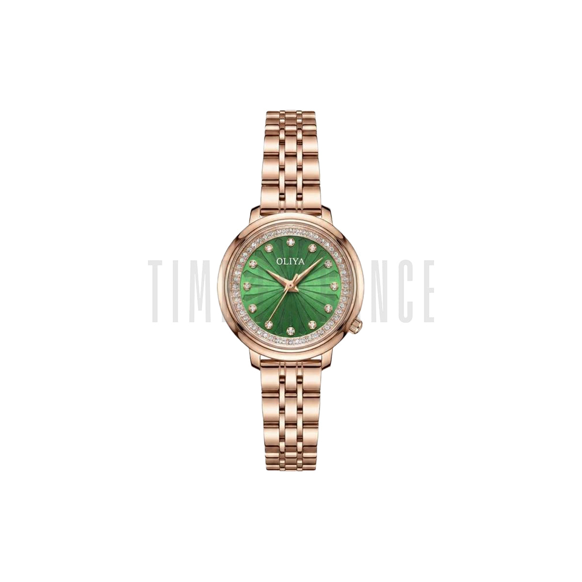 OLIYA 889 Women’s Luxury Diamond Watch Rose Gold Green – Round Dial Stainless Steel Wristwatch
