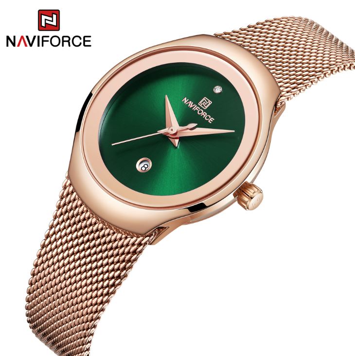 NAVIFORCE 5004 Women’s Rose Gold Green Dial Mesh Watch