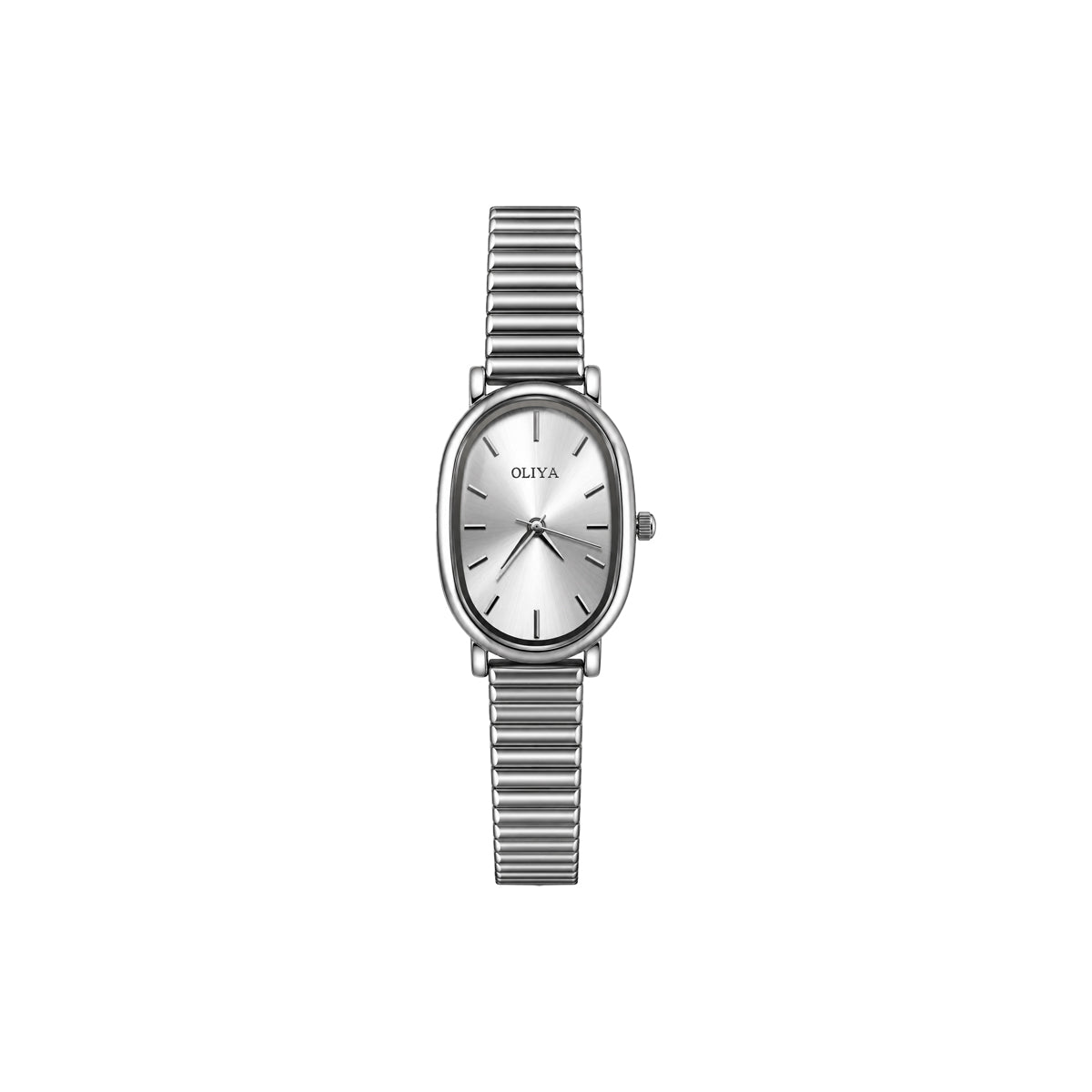 OLIYA Ladies Silver Oval Watch – Elegant Sunburst Dial & Classic Bracelet