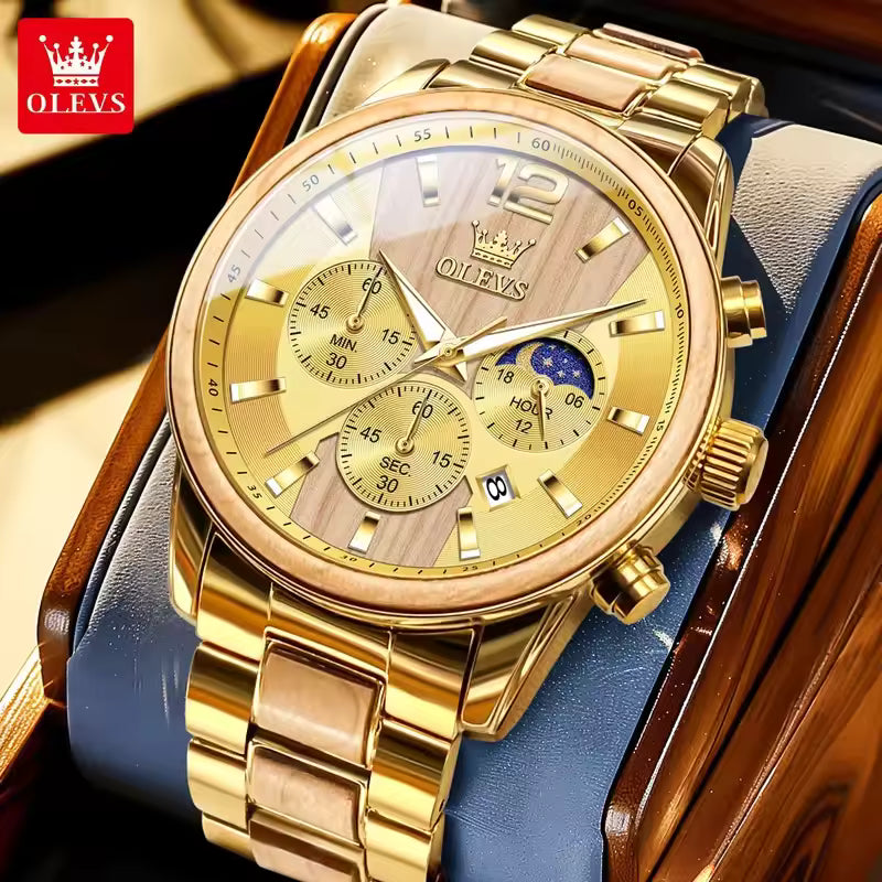 OLEVS 3645 Men's Wooden Chronograph Watch – Elegant & Waterproof