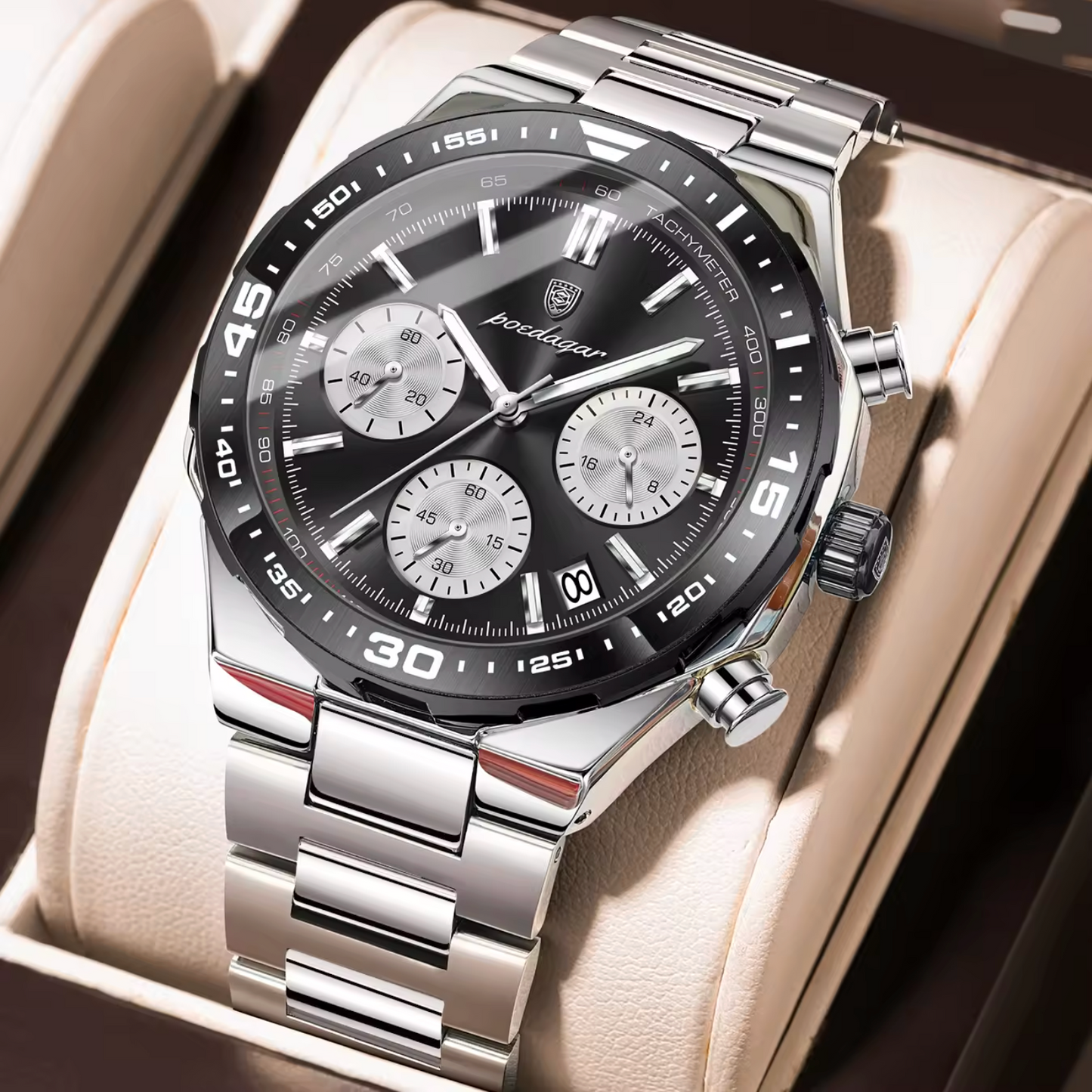 POEDAGAR 697 Men’s Luxury Quartz Chronograph Watch Silver Black– Stainless Steel Waterproof Luminous Wristwatch
