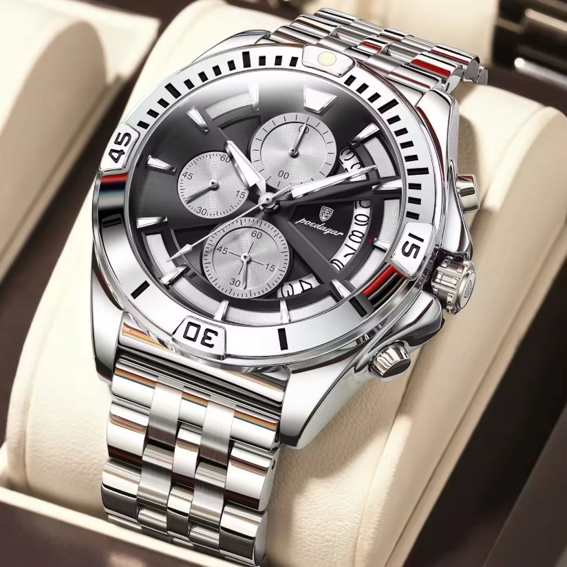 POEDAGAR 695 Men’s Sports Quartz Watch Silver Black – Stainless Steel Luxury Chronograph Wristwatch