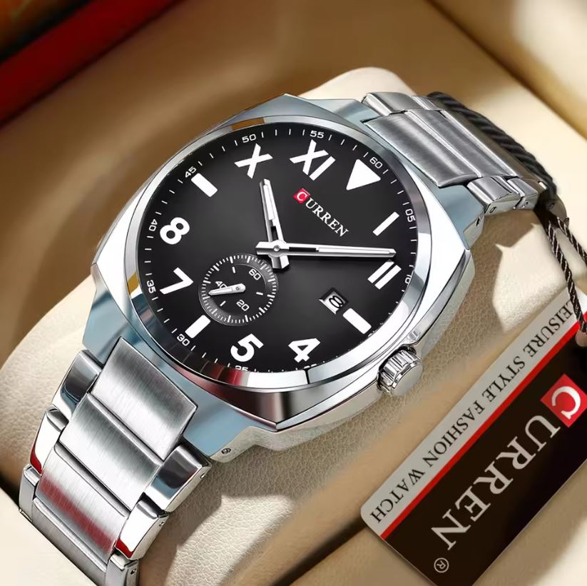 CURREN 8472 Men’s Black Dial Watch – Silver Stainless Steel Bracelet