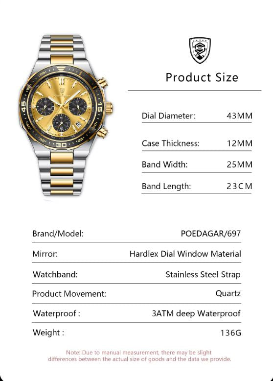 POEDAGAR 697 Men’s Luxury Quartz Chronograph Watch Gold– Stainless Steel Waterproof Luminous Wristwatch