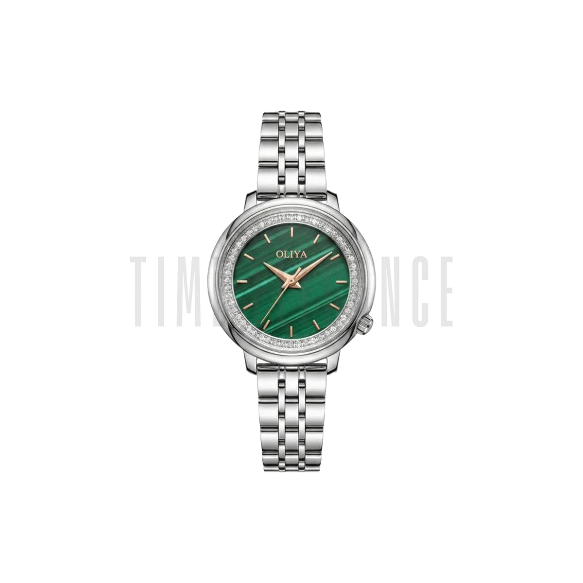OLIYA 889 Women’s Luxury Diamond Watch Silver Striped Green – Round Dial Stainless Steel Wristwatch
