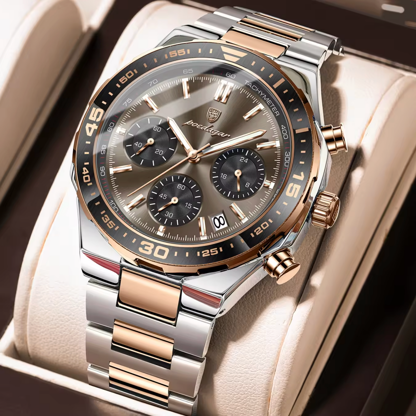 POEDAGAR 697 Men’s Luxury Quartz Chronograph Watch RoseGold Black– Stainless Steel Waterproof Luminous Wristwatch