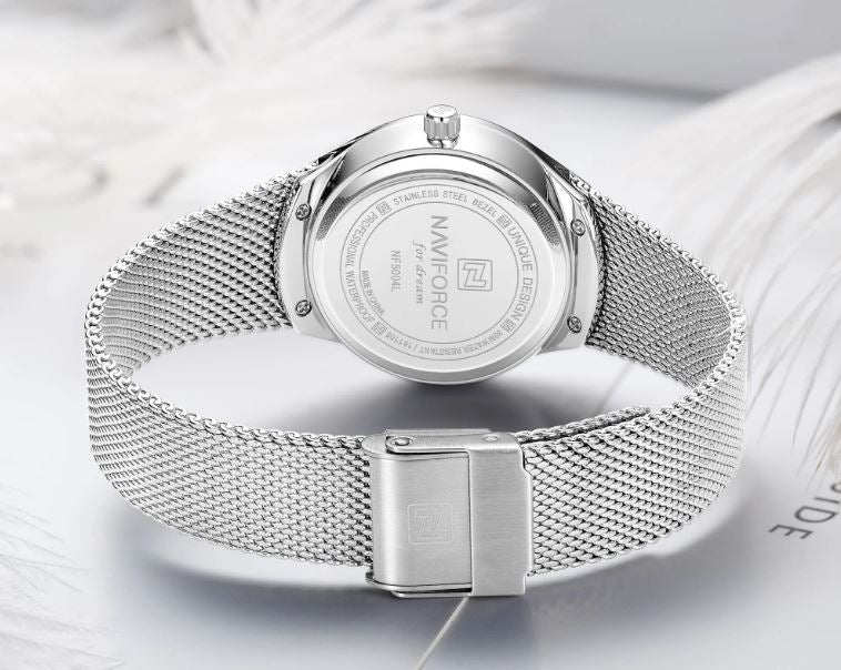 NAVIFORCE 5004 Women’s Silver Mesh Strap Watch – Minimal White Dial