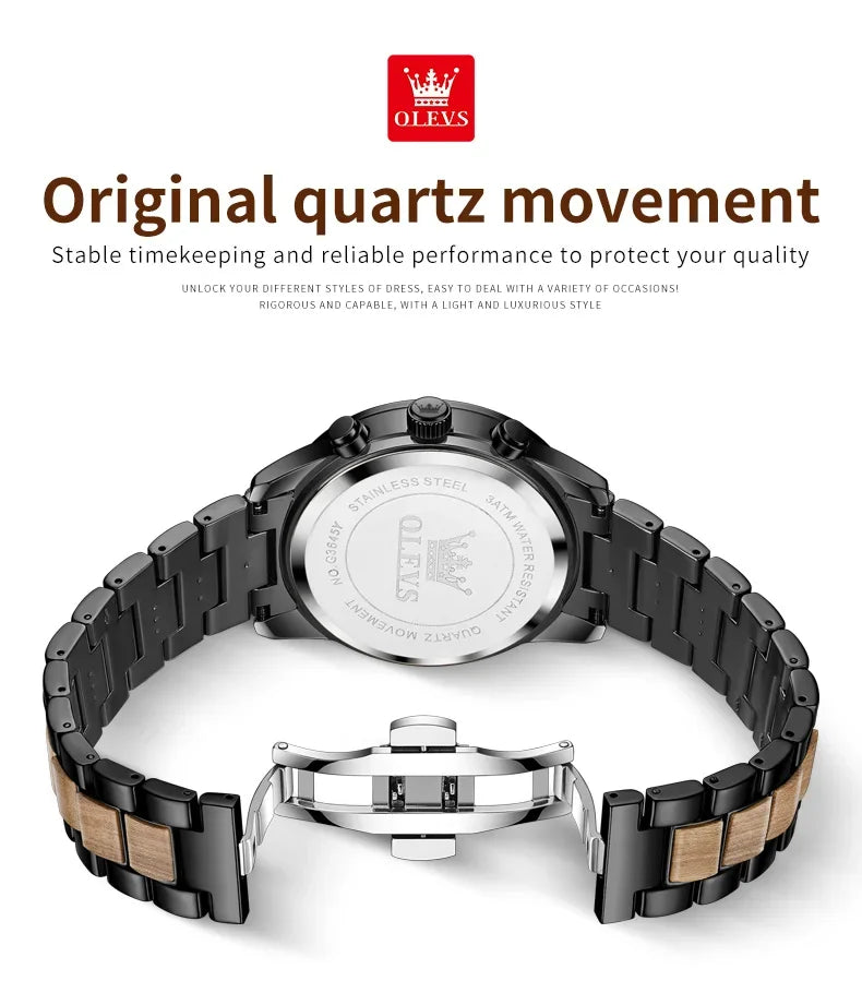 OLEVS 3645 Men's Wooden Chronograph Watch – Elegant & Waterproof