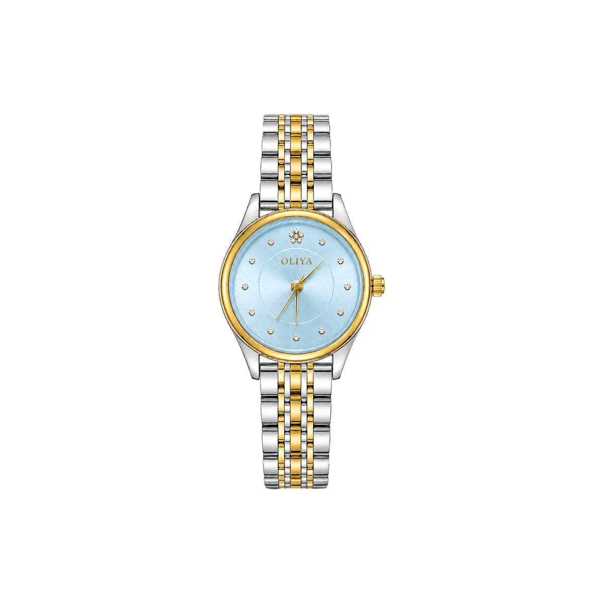 OLIYA 6658 Women’s Sky Blue Crystal Dial Watch – Gold Silver Bracelet