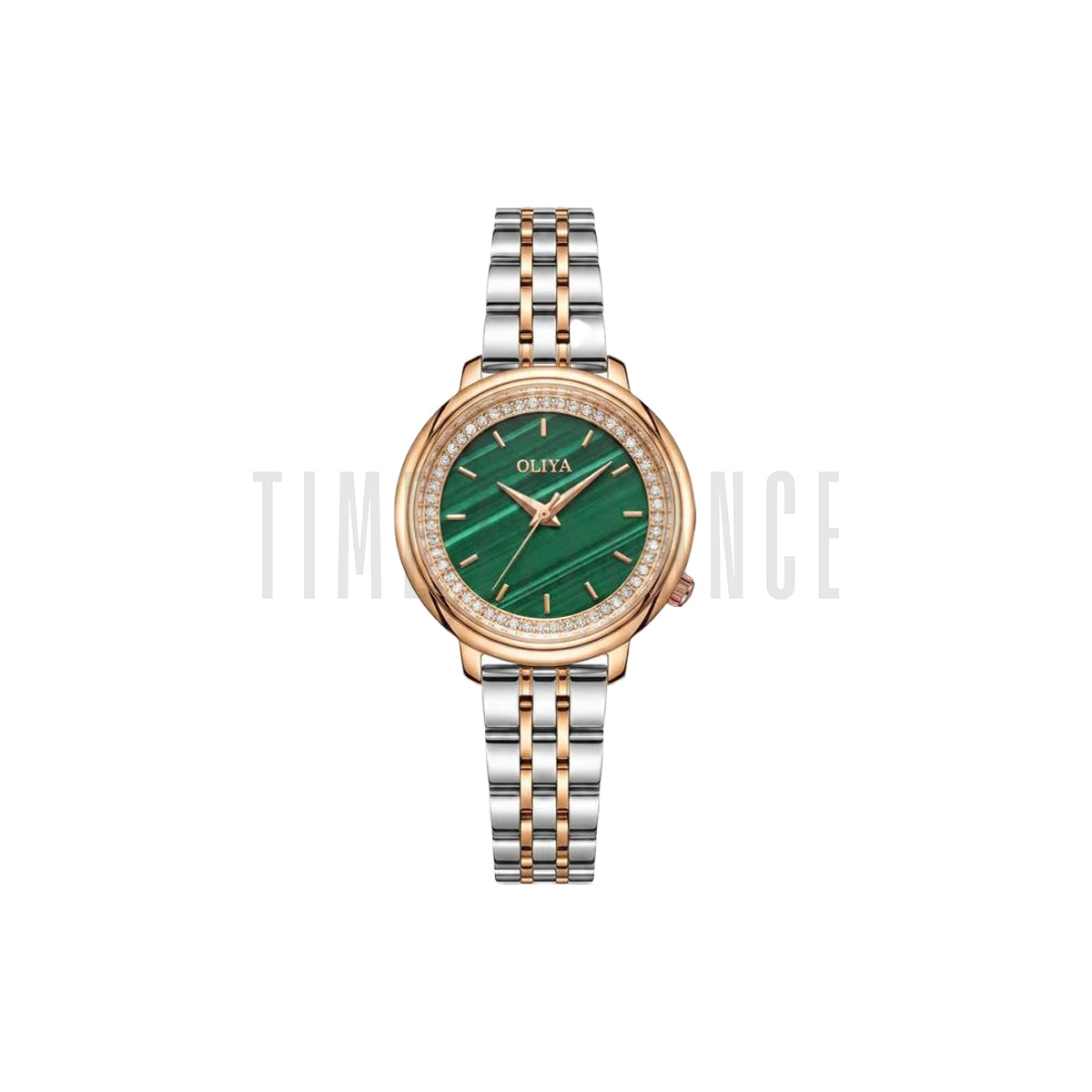 OLIYA 889 Women’s Luxury Diamond Watch Two Tone Striped Green – Round Dial Stainless Steel Wristwatch