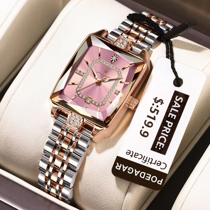 Poedagar 785 Two Tone Pink Dial— Women’s Waterproof Rectangle Luxury Quartz Watch