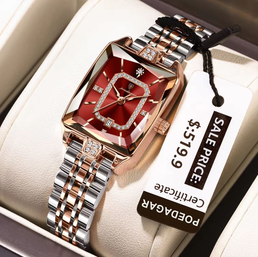 Poedagar 785 Two Tone Red Dial— Women’s Waterproof Rectangle Luxury Quartz Watch