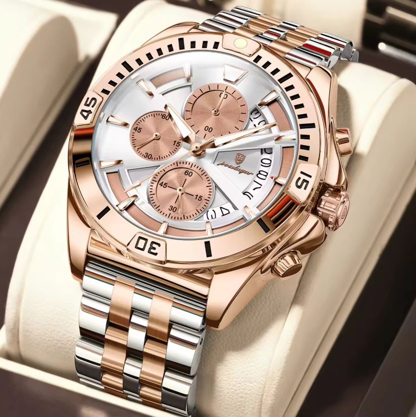 POEDAGAR 695 Men’s Sports Quartz Watch Rose Gold White – Stainless Steel Luxury Chronograph Wristwatch