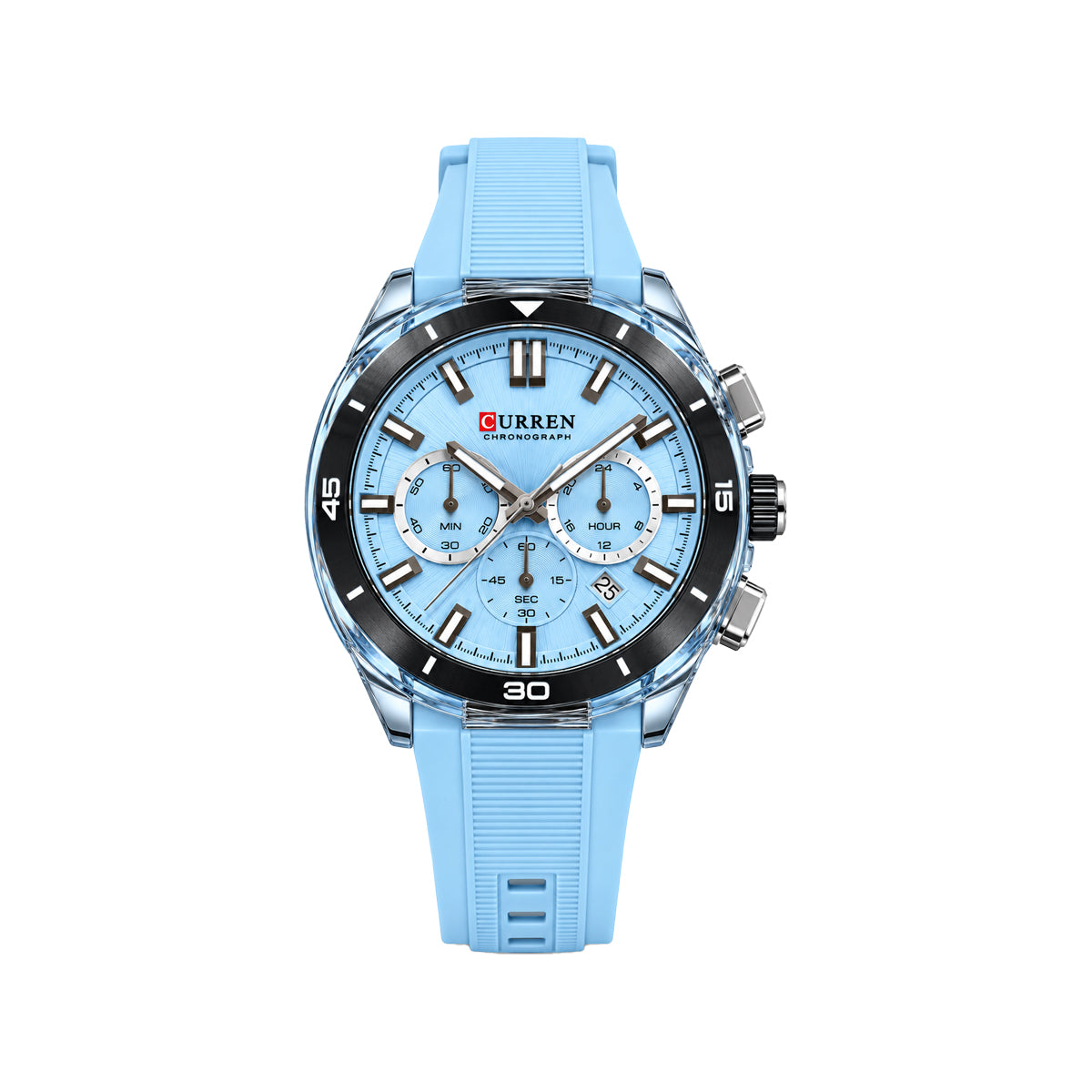 CURREN 8502 Men's Chronograph Quartz Watch Light Blue– Silicone Strap, Luminous & 3ATM