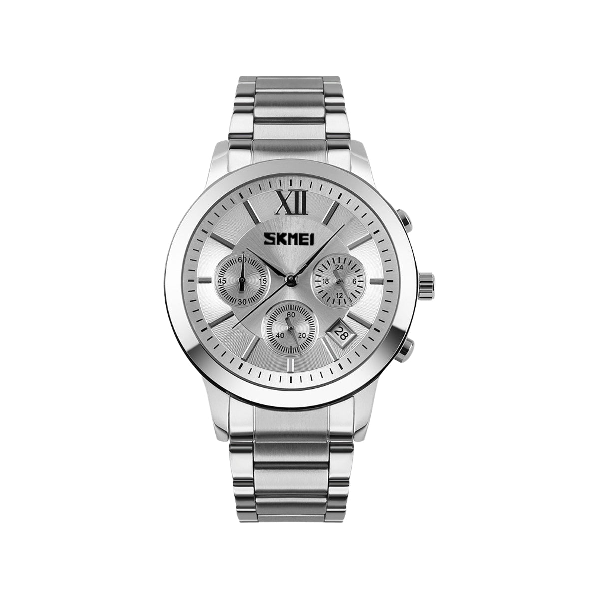 SKMEI 9097 Men’s Chronograph Quartz Watch Silver White– Stainless Steel Bracelet, Date Display