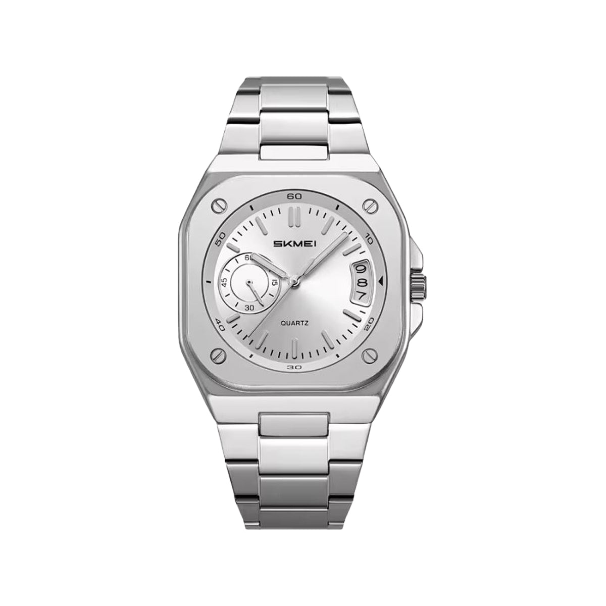SKMEI 2572 Men’s Square Quartz Watch Silver White– Stainless Steel Bracelet, Date Display