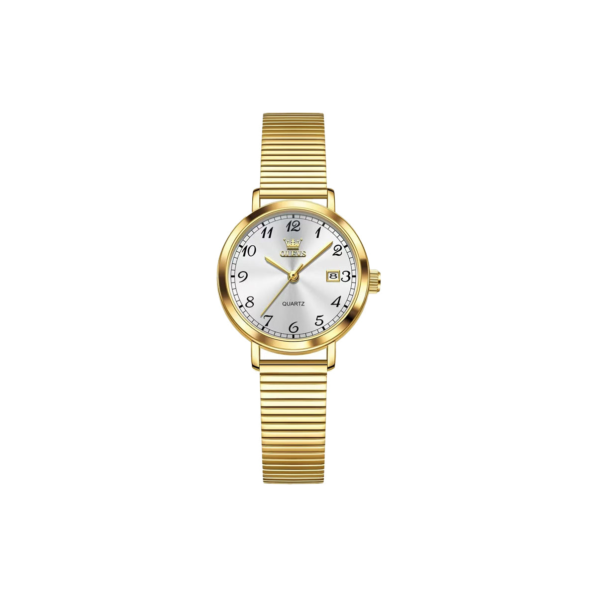 OLEVS 7130 Women’s Quartz Watch – Gold Case, White Dial & Stretch Bracelet