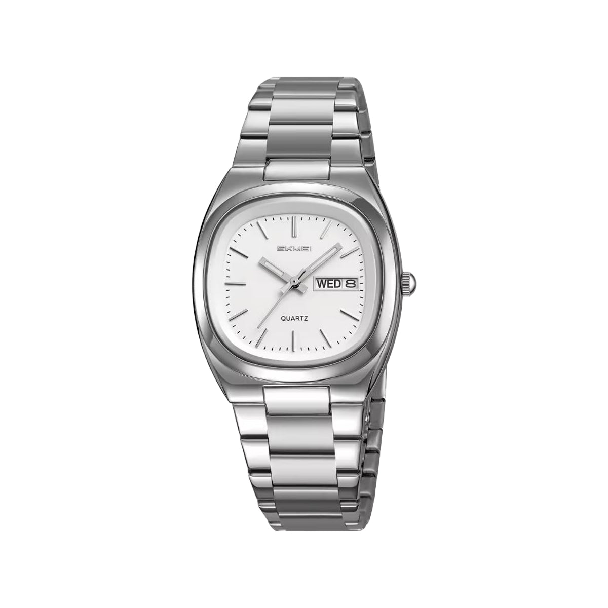 SKMEI 2420 Men’s Quartz Watch Silver White– Day Date, Stainless Steel Bracelet