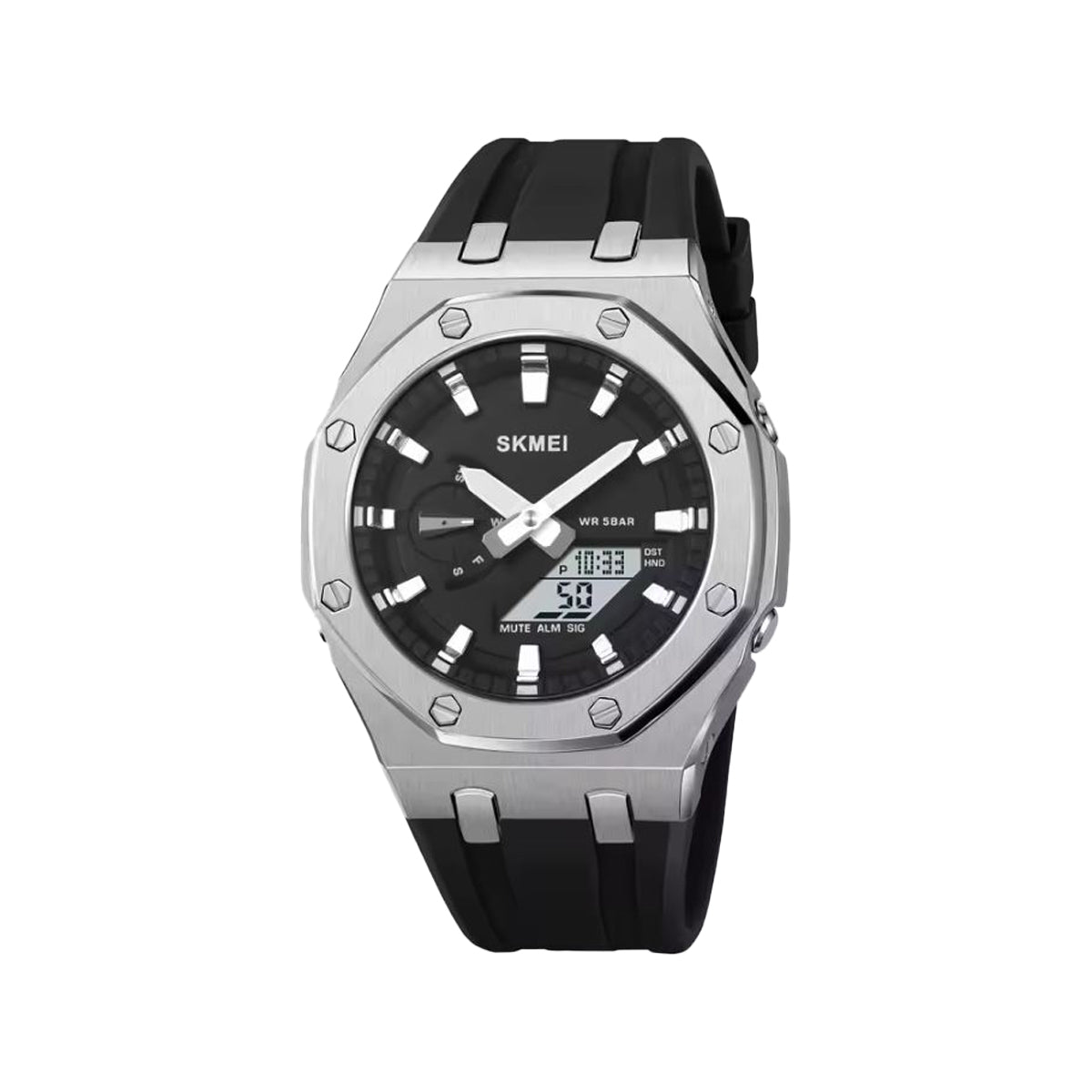 SKMEI 2243 Men’s Analog Digital Watch Silver Black – World Time, 5 Alarms, Chronograph
