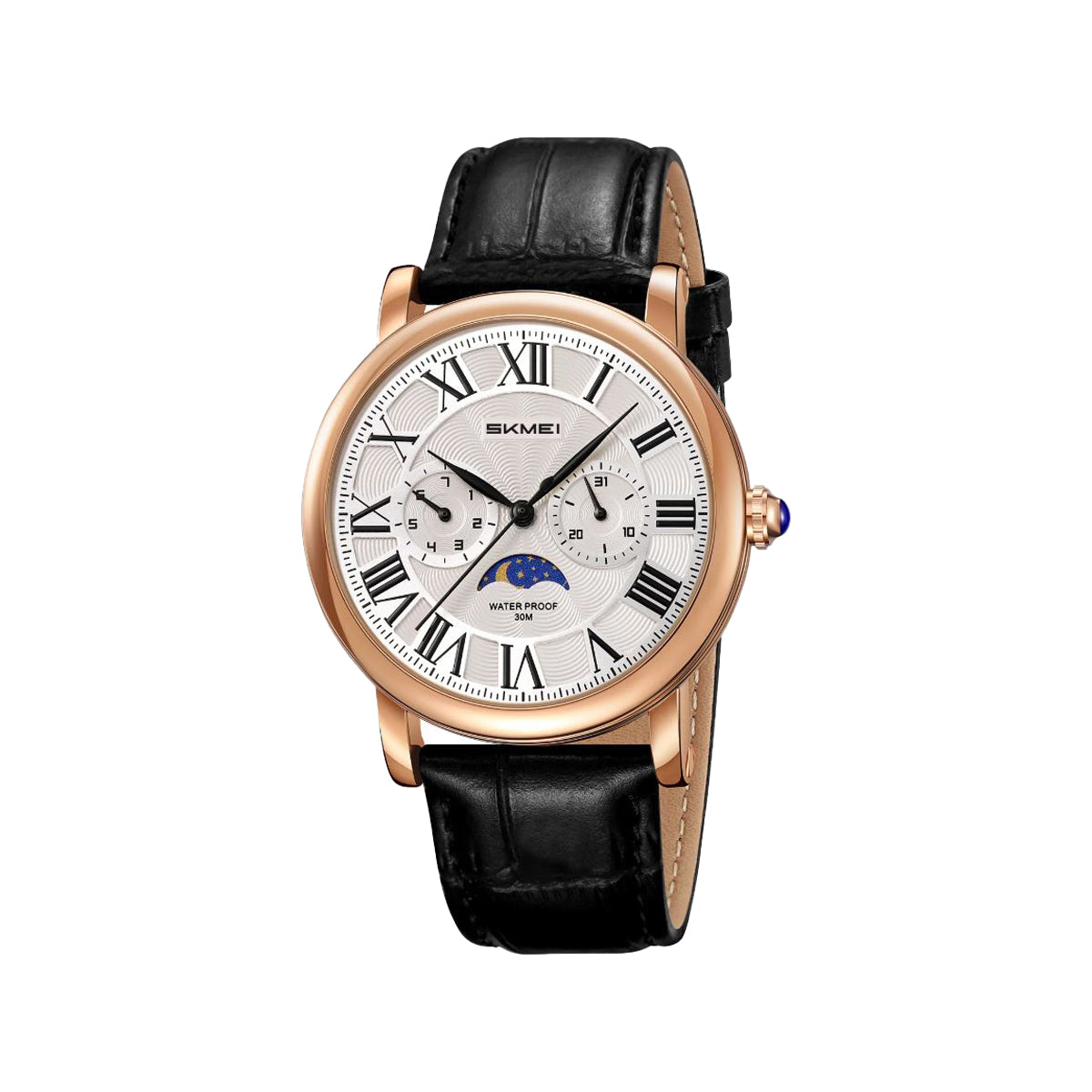 SKMEI 9438 Vintage Men's Quartz Watch Black Rosegold– Moon Phase, Day & Date, Leather Strap