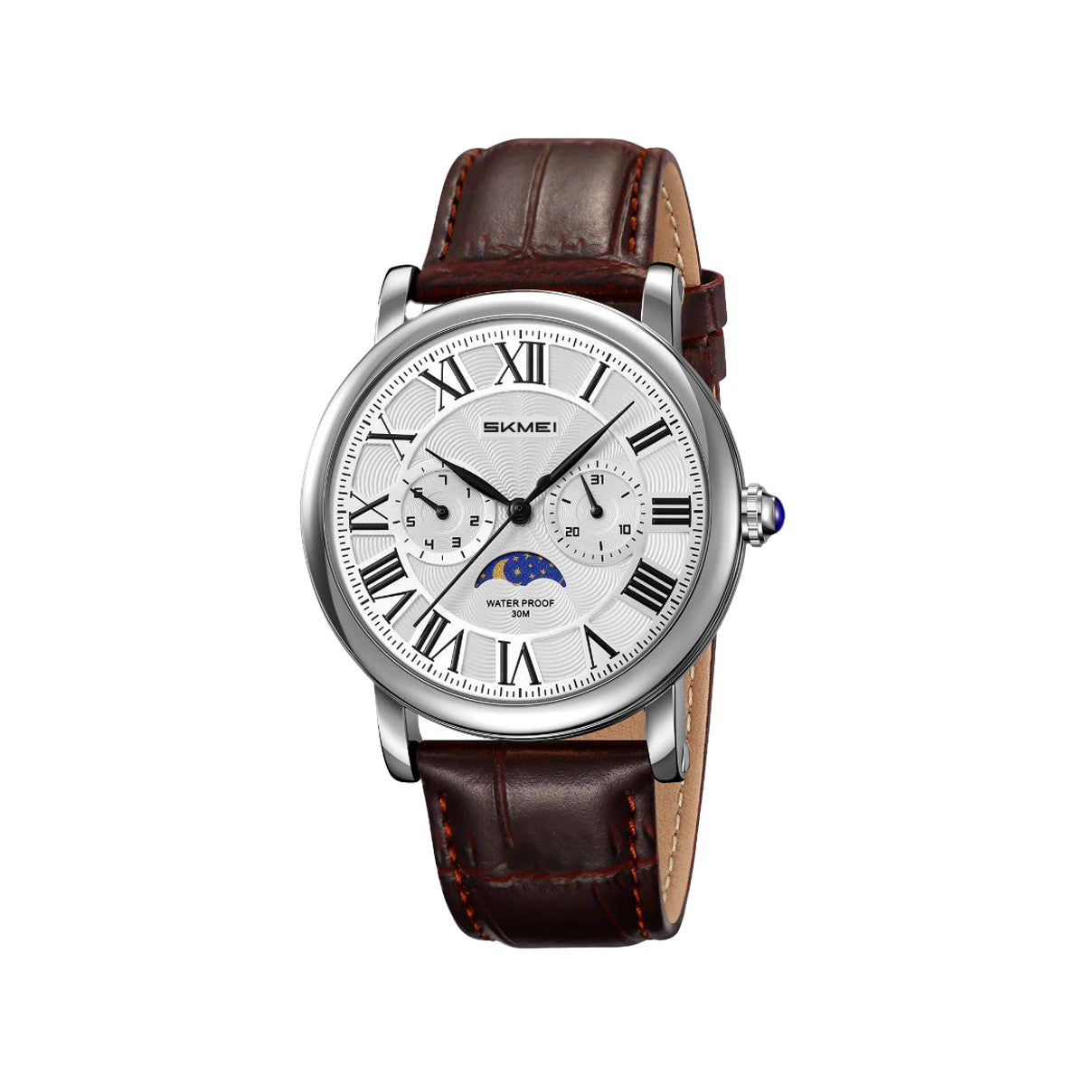 SKMEI 9438 Vintage Men's Quartz Watch Brown Silver– Moon Phase, Day & Date, Leather Strap