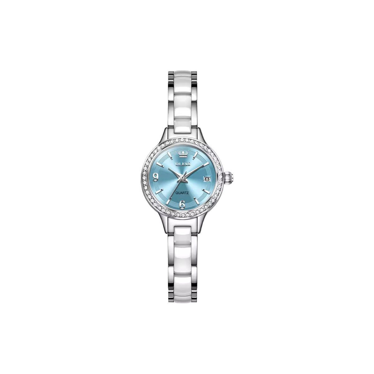 OLEVS 7093 Women’s Luxury Quartz Watch Silver Blue– Stainless Steel Ceramic Bracelet