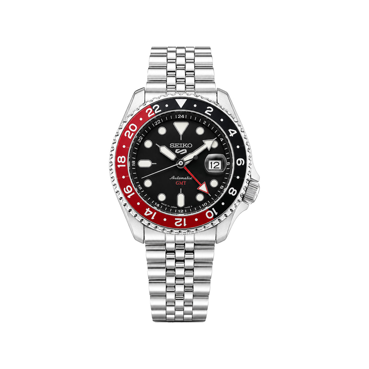 SEIKO GMT Quartz Men’s Watch – Black Dial, Red & Black Bezel, Steel Bracelet